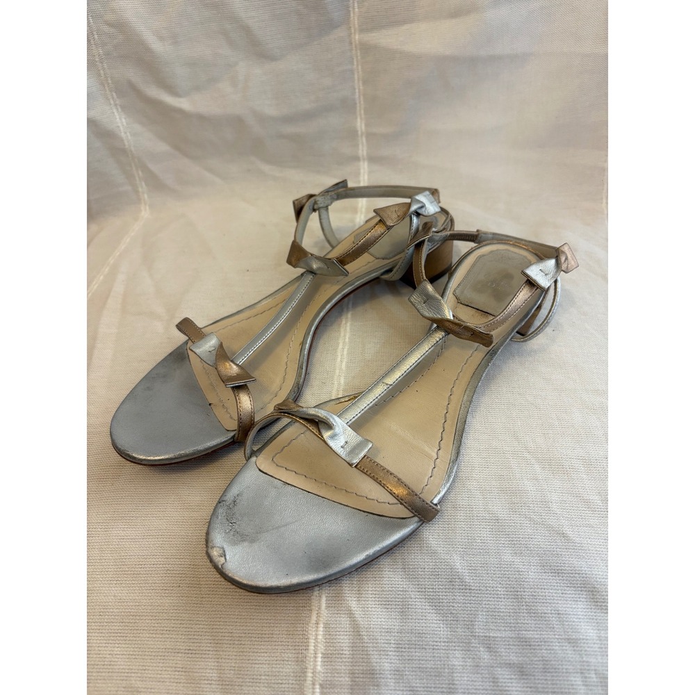 Christian Dior Metallic Silver Gold Bow Strappy Low Block Heel Sandals Size 38